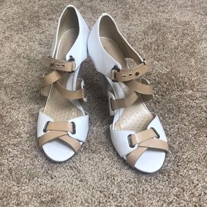 White and tan strappy heels...